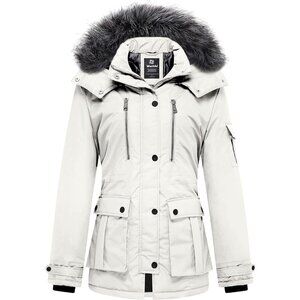 Women's Beige Quilted Puffer Coat Jacket Winter Warm Thicken Removable Hood